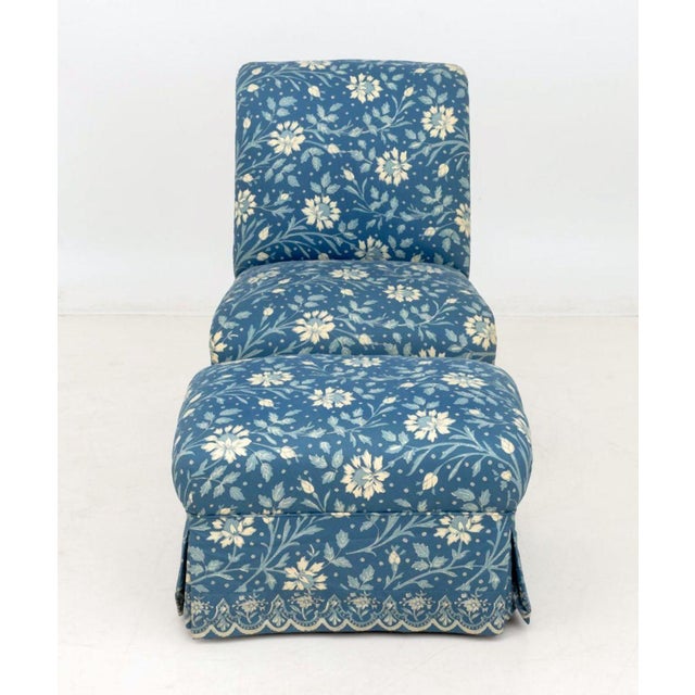 Contemporary Blue Floral Print Upholstered Chair & Ottoman For Sale - Image 3 of 12