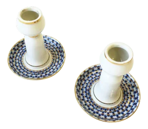 Russian Lomonosov Blue, Gold & White Porcelain Candlestick Holders - A Pair