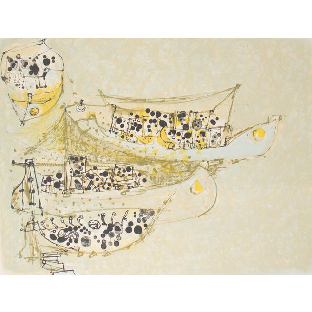 An abstract lithograph by the Swiss artist Marco Richterich (1929-1997). The whimsical print depicts abstract boats in...