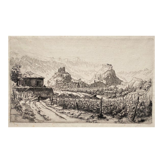 Maurice Achener Le Chateau De Tourbillon à Sion Etching For Sale