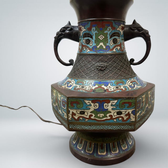 Early 20th Century Chinese Dragon Handle Bronze Cloisonné Lamp, Early 20th Century For Sale - Image 5 of 11