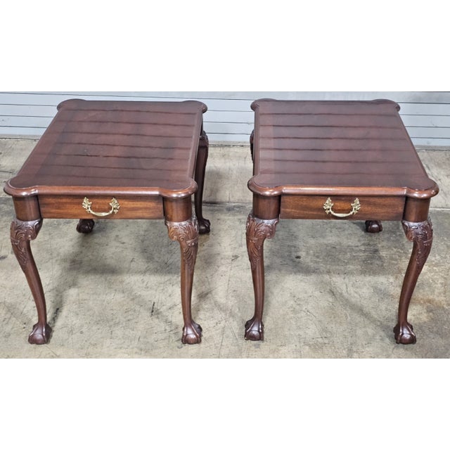 Chippendale Pair Henkel Harris Chippendale Style Mahogany Claw & Ball Side Tables End Table For Sale - Image 3 of 14