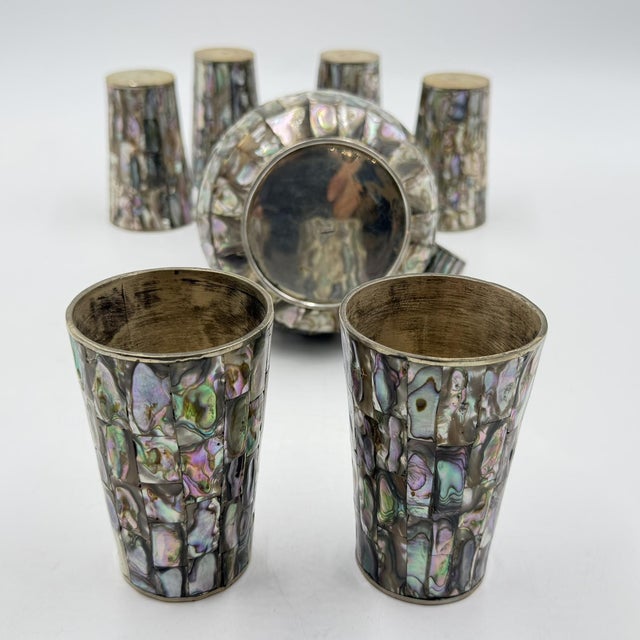 1960s Mexican Alpaca Silver & Abalone Bird of Paradise Pitcher Set - 7 pcs For Sale - Image 16 of 18