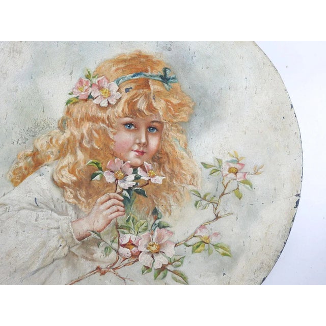 Shabby Chic Antique 1896 French Flower Girl Tin Wall Plaque Painting For Sale - Image 3 of 6