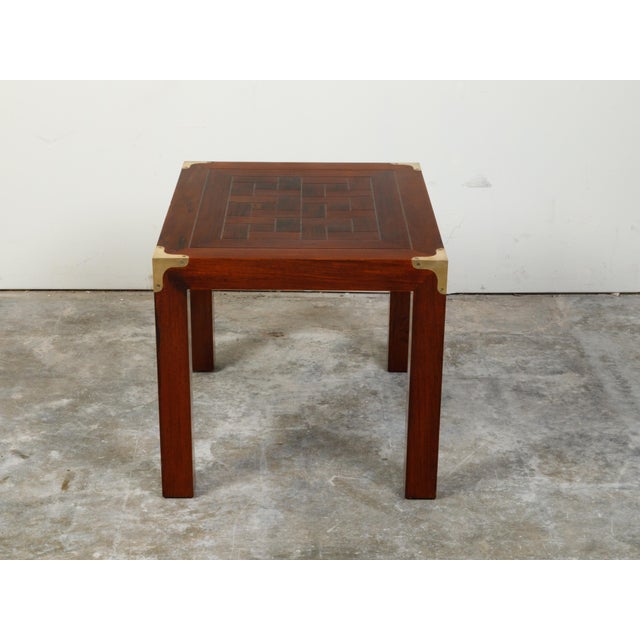English Midcentury Campaign Style Side Table with Parquet Top and Brass Braces For Sale In Atlanta - Image 6 of 11