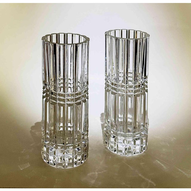 Pair of vintage 1970's French cut glass crystal cylindrical vases. Label intact: 'Crystal d'Arques' Durand. Period:1970s