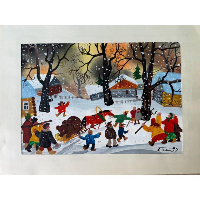 Brown Eastern Europe Artist, Winter Village with Sled and Bear, 1997, Gouache For Sale - Image 8 of 11