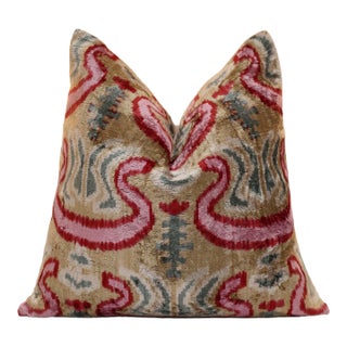 Hand-Knotted Scroll Ikat Silk Velvet Pillow - 20x20 Sand & Raspberry For Sale