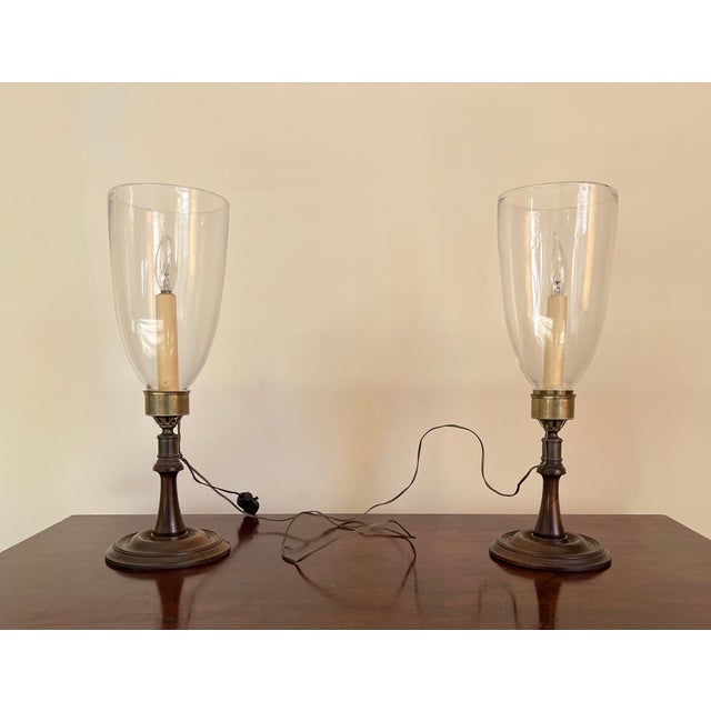 Georgian Style Mahogany & Brass Candlestick Lamps With Hurricane Shades - A Pair For Sale - Image 13 of 18