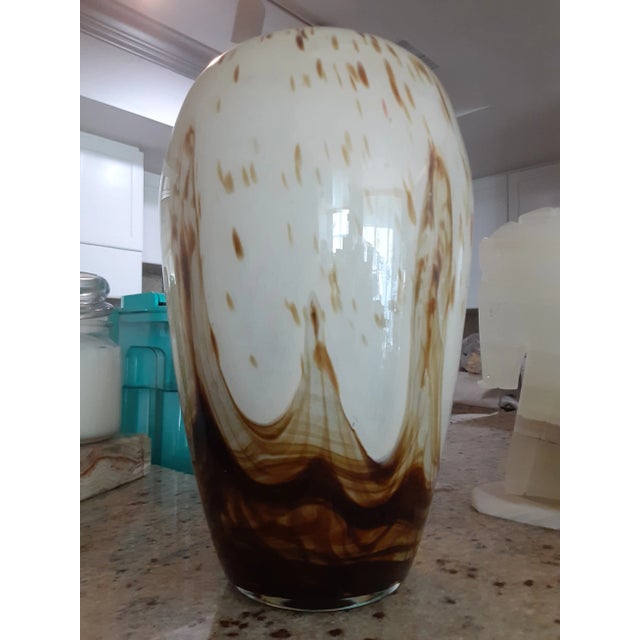 Beautiful neutral tones, browk to off white, wide top vase. Functional or contemporary decor, thick art glass....