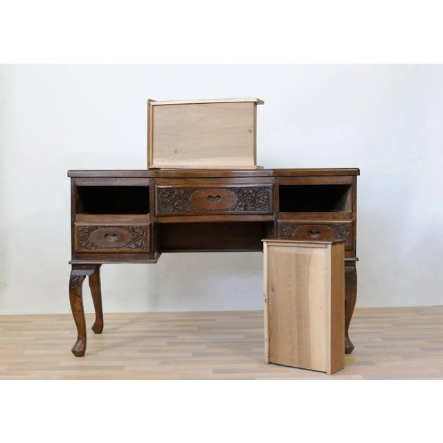 Vintage Carved Solid Walnut Desk For Sale - Image 3 of 17