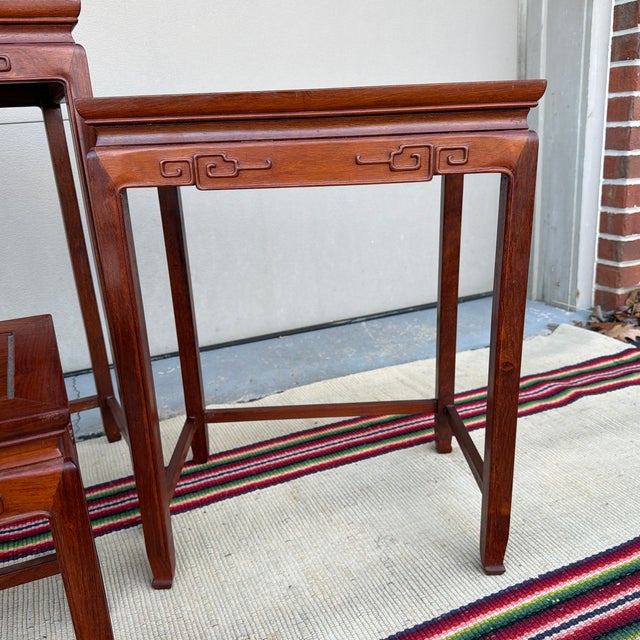A Very Nice Set of 4 Vintage Chinoiserie Mahogany Nesting Tables, Circa 1960's For Sale - Image 9 of 12