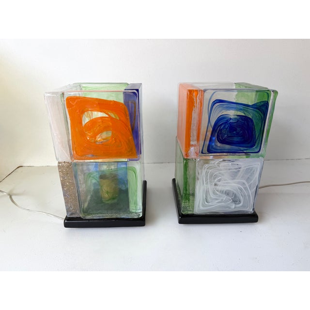Contemporary Pair of Lamps Cubic Pennellate Murano Glass. Italy For Sale - Image 10 of 12