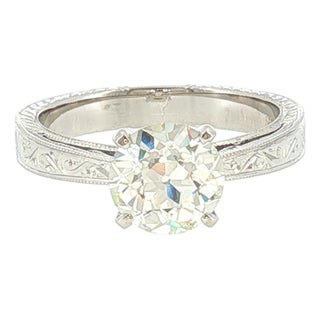 A Modern Hand-Engraved 14k Solitaire With a 1.54 Carat Old European Cut Diamond, Size 6 For Sale