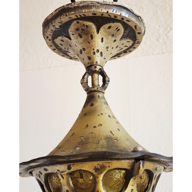 Gold Antique 1920's Lincoln Lighting Pendant Light With Amber Art Glass For Sale - Image 8 of 11