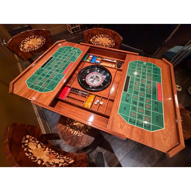 1980s Italian Inlaid Marquetry Multi-Game Table With Roulette & 4 Chairs For Sale In Houston - Image 6 of 12