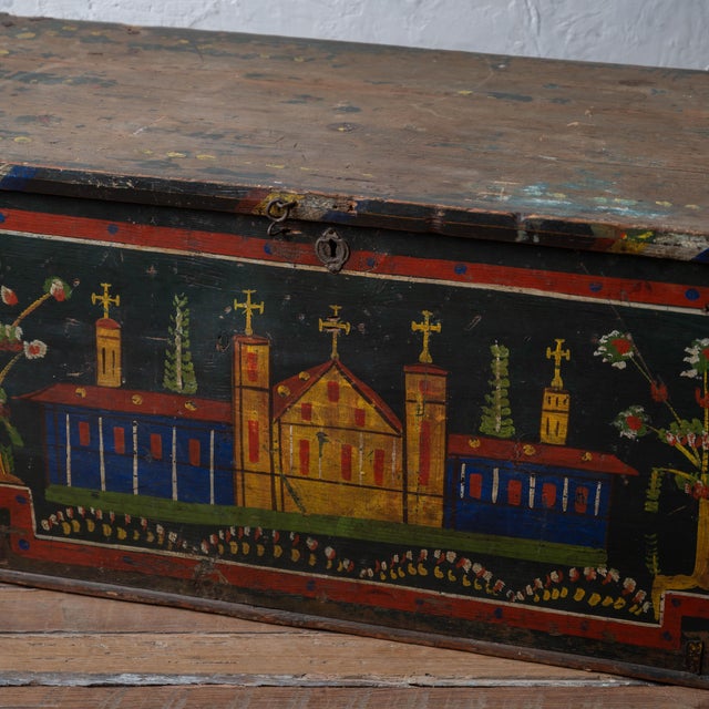 Romanian Painted Blanket Chest With Church Motif, c.1900 For Sale - Image 4 of 14