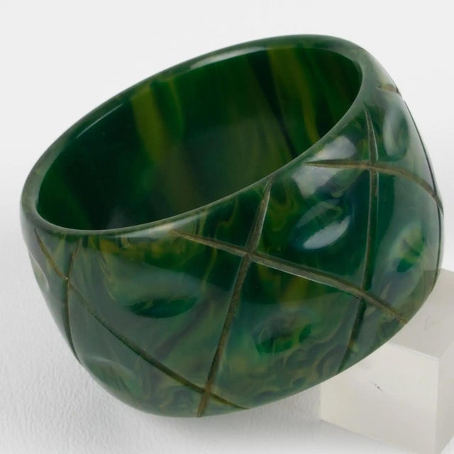 Bakelite Bracelet Bangle BlueMoon with Carving For Sale - Image 4 of 7