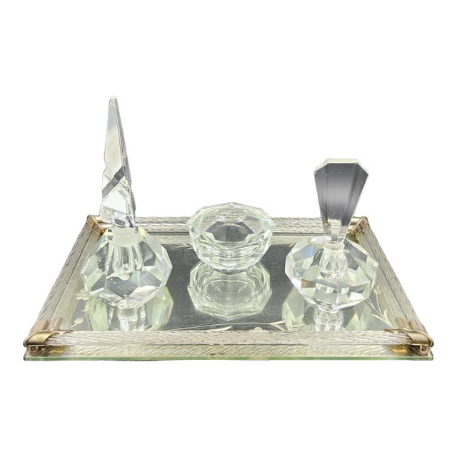 Vintage Hand Cut Crystal Dresser Set With Mirror Tray For Sale