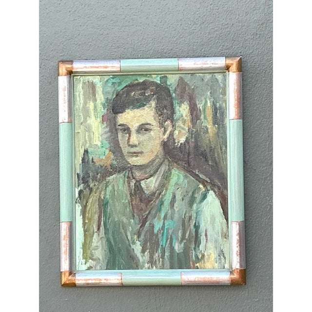 This mid-20th-century oil painting on canvas portrays a pensive young man in muted greens and browns with restrained...