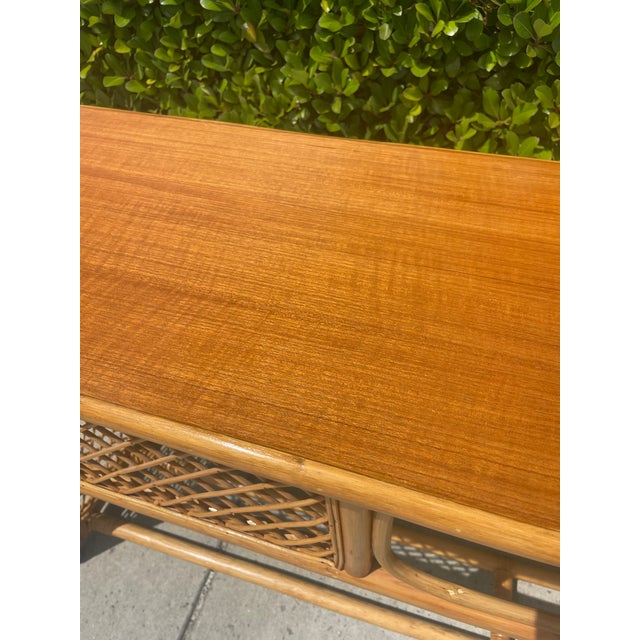 Tan Vintage Rattan Console Sofa Table Woven Trellis Design For Sale - Image 8 of 8