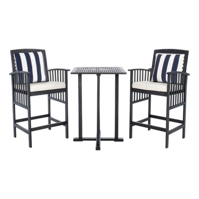 Pate 3-Piece Bar Height Bistro Set, Black/Beige Cush/Navy & White Square Pillow For Sale