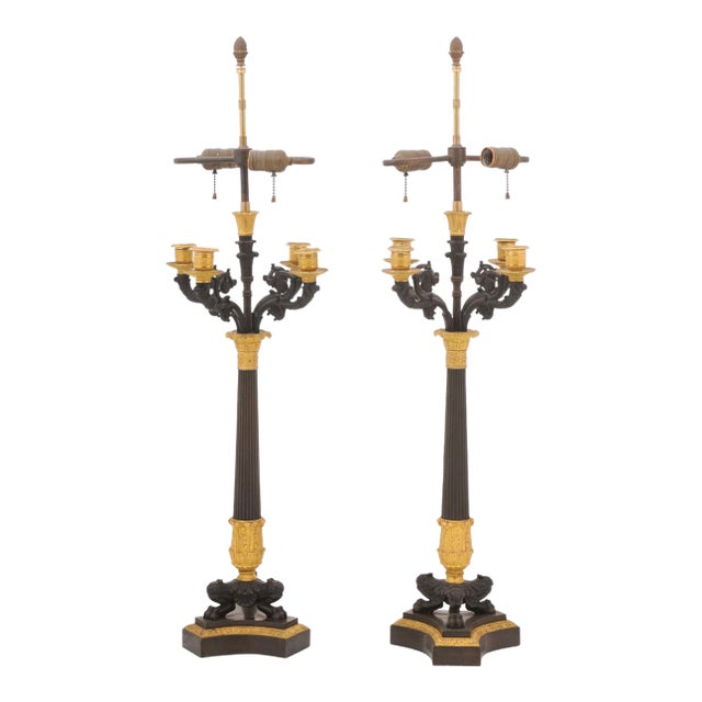 Pair of Monumental Patinated Bronze and Gilt Bronze Candelabra Lamps, Empire Style For Sale