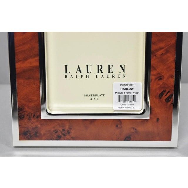 Late 20th Century Lauren Ralph Lauren Harlow Burl Wood & Silver Plated 4x6 Photo Picture Frame Nib For Sale In Philadelphia - Image 6 of 17