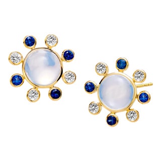 Syna Moon Quartz Yellow Gold Earrings with Sapphires and Diamonds, a Pair For Sale