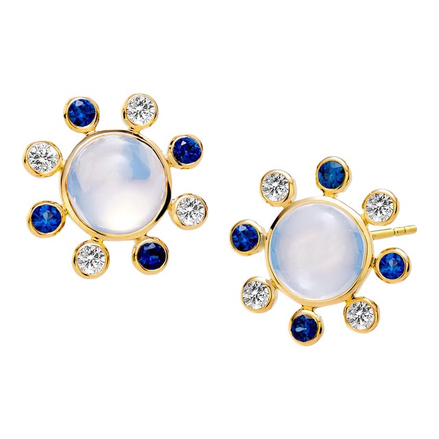 Syna Moon Quartz Yellow Gold Earrings with Sapphires and Diamonds, a Pair For Sale
