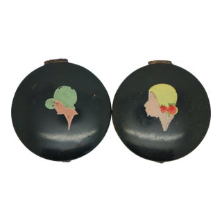 2 Antique Art Deco Celma Company Flapper Rouge Powder Makeup Compacts For Sale