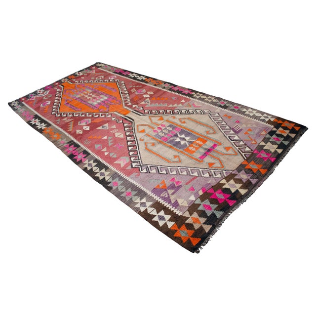 5x11 Turkish Rug, Handwoven Wool Kilim in Muted Red & Bright Orange, Eastern Anatolian Tribal Art, Rustic Farmhouse Decor For Sale - Image 4 of 16