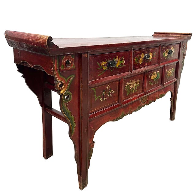 This appears to be an antique Chinese altar table or coffer console table from Gan Su area in North China region,...