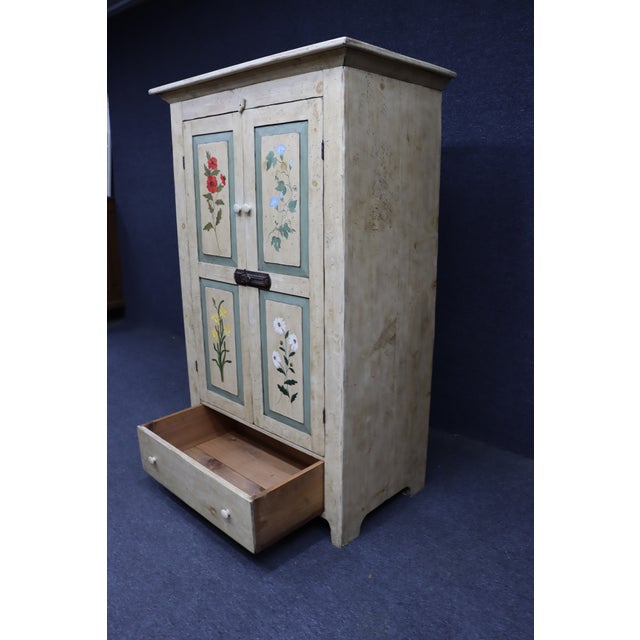 Primitive Painted Pine Linen Press With Floral Decoration For Sale - Image 15 of 16