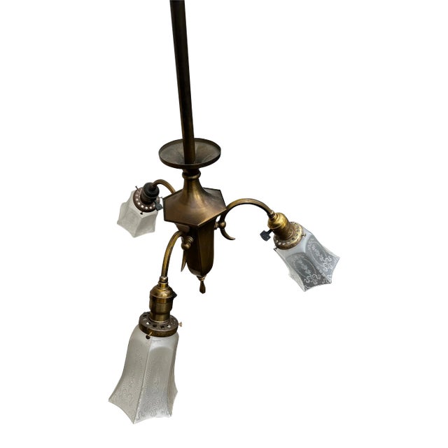 Vintage Three Arm Brass Fixture With Three Etched L Glass Shades For Sale