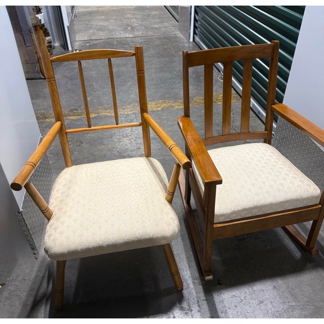 Cream Late 19th Century Arts & Crafts Rocking Chair and Spindle-Back Armchair For Sale - Image 8 of 12