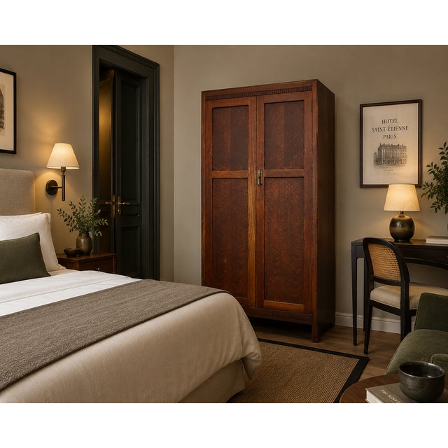 An oak compactum wardrobe dating from the 1920s, featuring beautifully figured oak veneers and a geometric carved frieze...