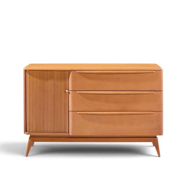 Wood Heywood Wakefield Mid Century Champagne Tambour Door Sideboard Credenza With Hutch For Sale - Image 7 of 12