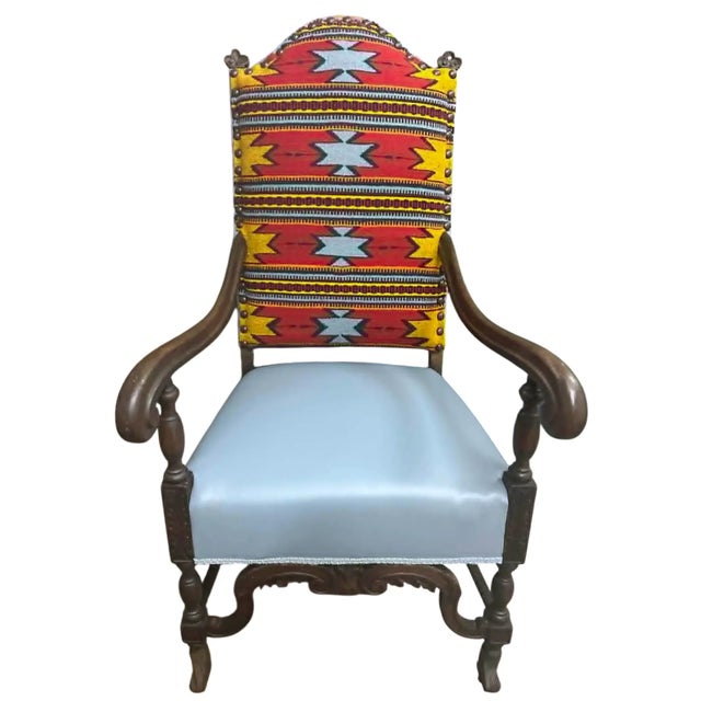 Antique Carved Walnut Hacienda Chair Reupholstered With Artisanal Oaxaca Zapotec Tapestry and Leather For Sale In Saint Louis - Image 6 of 7