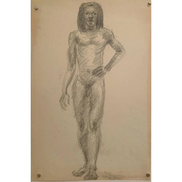 1970s "Hand on Hip Male Nude" Charcoal and ink on pink paper by Frank J. Bette For Sale - Image 5 of 5