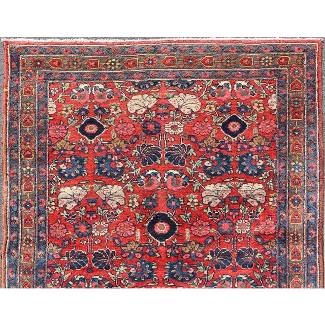 Antique Persian Bidjar Rug With Red Field and Bold Blue Floral Design 4'5 X 6'5 For Sale - Image 4 of 12