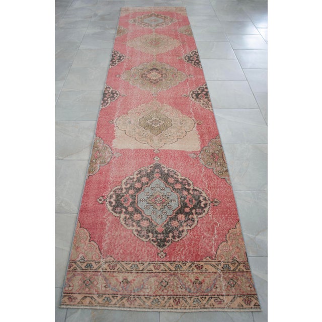 1970s 3x12 Vintage Oushak Runner Rug Coral Pink Hallway Runner Authentic Turkish Rug For Sale - Image 5 of 13