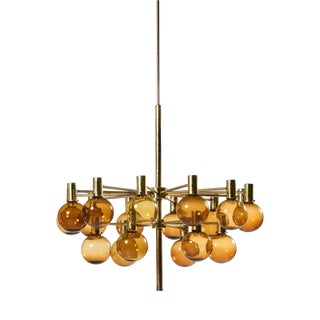 Large Chandelier in Brass and Amber Glass attributed to Hans-Agne Jakobsson, 1950s For Sale