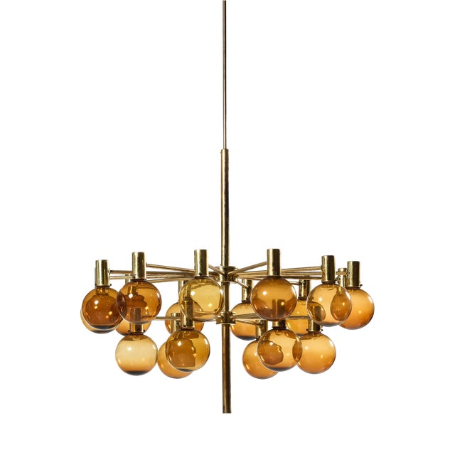 Large Chandelier in Brass and Amber Glass attributed to Hans-Agne Jakobsson, 1950s For Sale