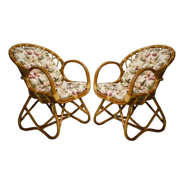 Vintage Palm Beach 2 Strand Rattan Bamboo Chairs in the Style of Franco Albini - Set of 2 For Sale