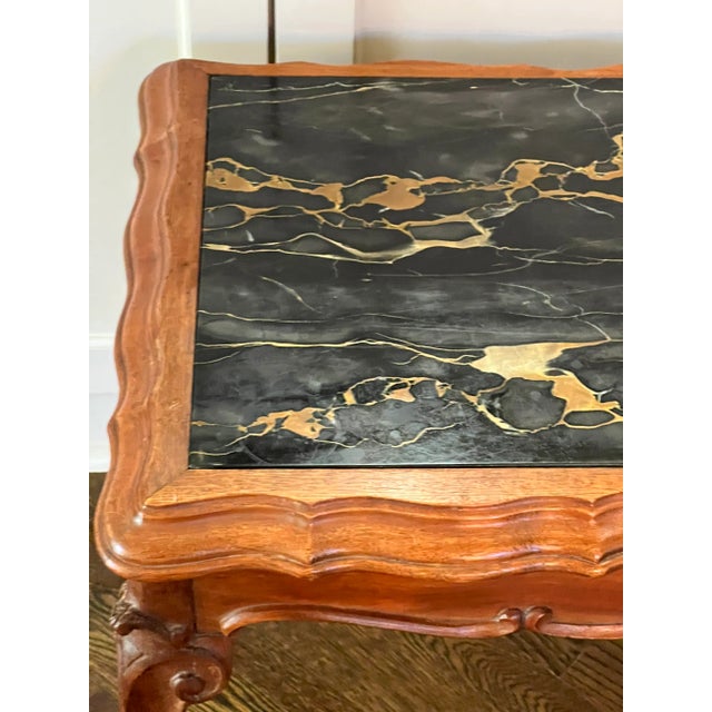 Italian Vintage Italian Black Marble Walnut Wood Double Bevelled Edge Table For Sale - Image 3 of 12