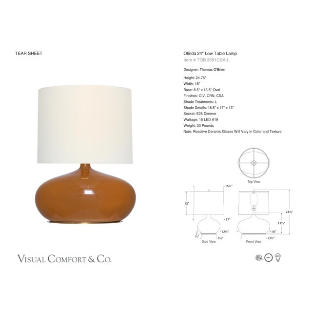 Thomas O'Brien by Visual Comfort Signature Olinda 24" Low Table Lamp in Crackled Sienna with Linen Shade Designer: Thomas...