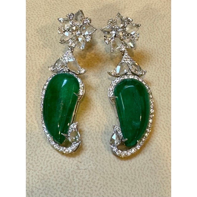 Green 20 Ct Fine Emerald Cabochon & 4 Ct Rose Cut Diamond 18 Kt White Gold Earrings For Sale - Image 8 of 18