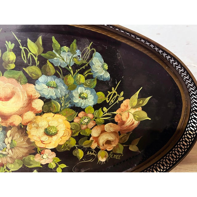 Metal Large Oval Painted Tole Tray For Sale - Image 7 of 9