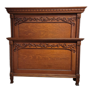 Antique American Renaissance Revival Tiger Oak Double Full Bed, C. 1900